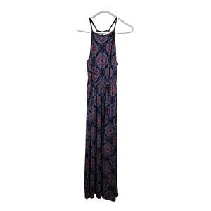 French Grey Blue Red Geometric Print Sleeveless Knit Maxi Dress Women's Medium